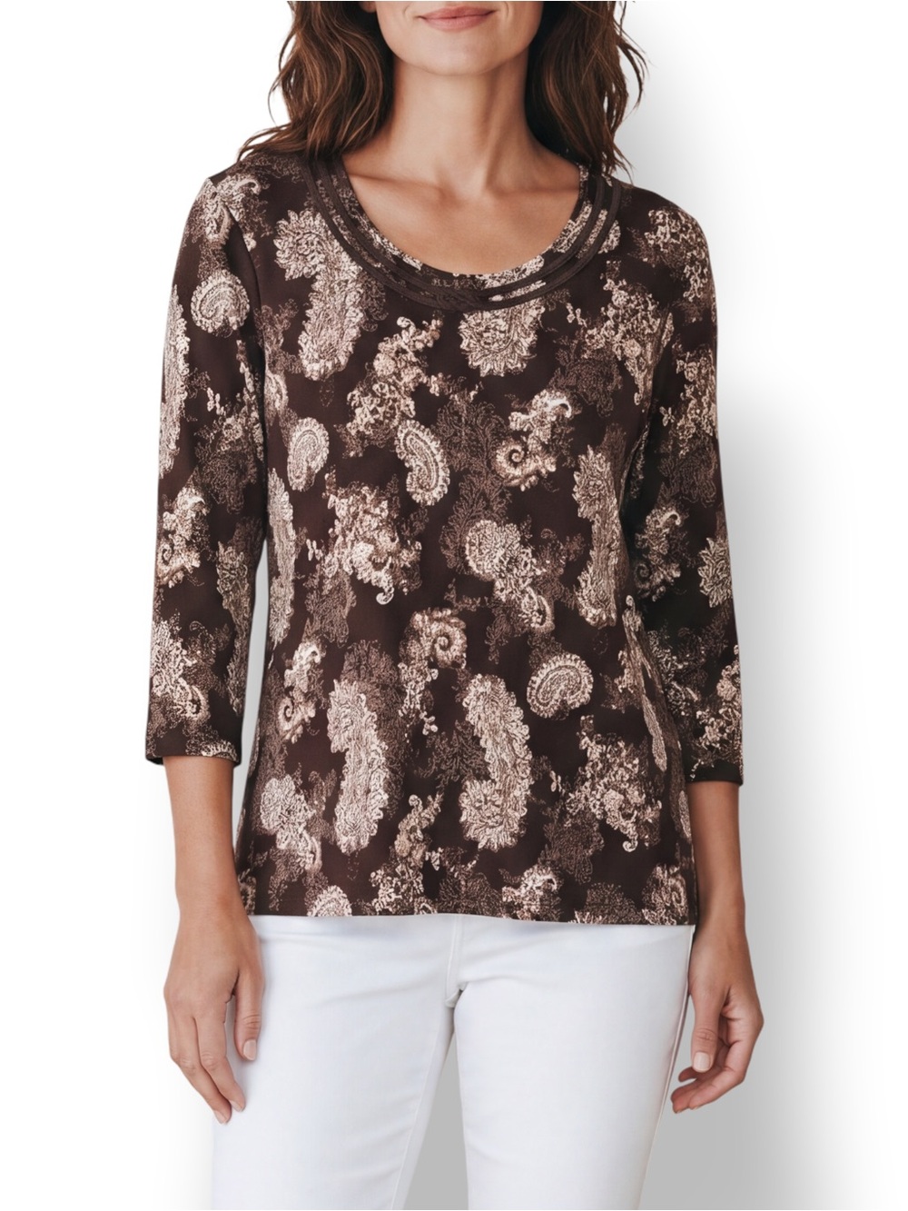 4/$20 Croft & Barrow Brown Paisley Print 3/4 Sleeve Embellished Knit Top Large